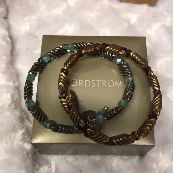 Woven metal Artesian bracelets BOHO with glass stones beautiful metal set of 2 - Picture 9 of 15